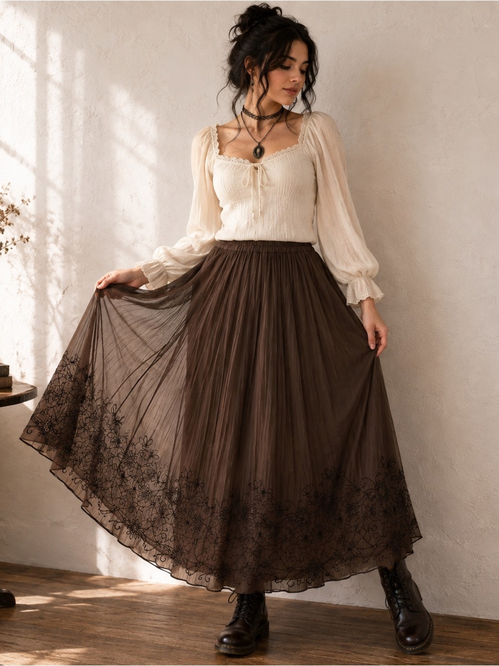 Whimsigoth Brown Mesh Pleated Floral Embroidered Maxi Skirt PXL NWT